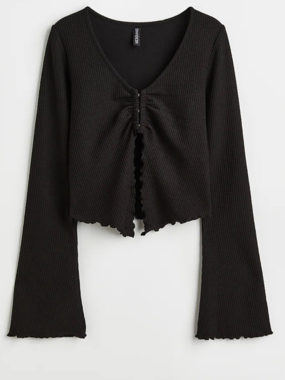 Black Ribbed Hook-Front Long Sleeve Top